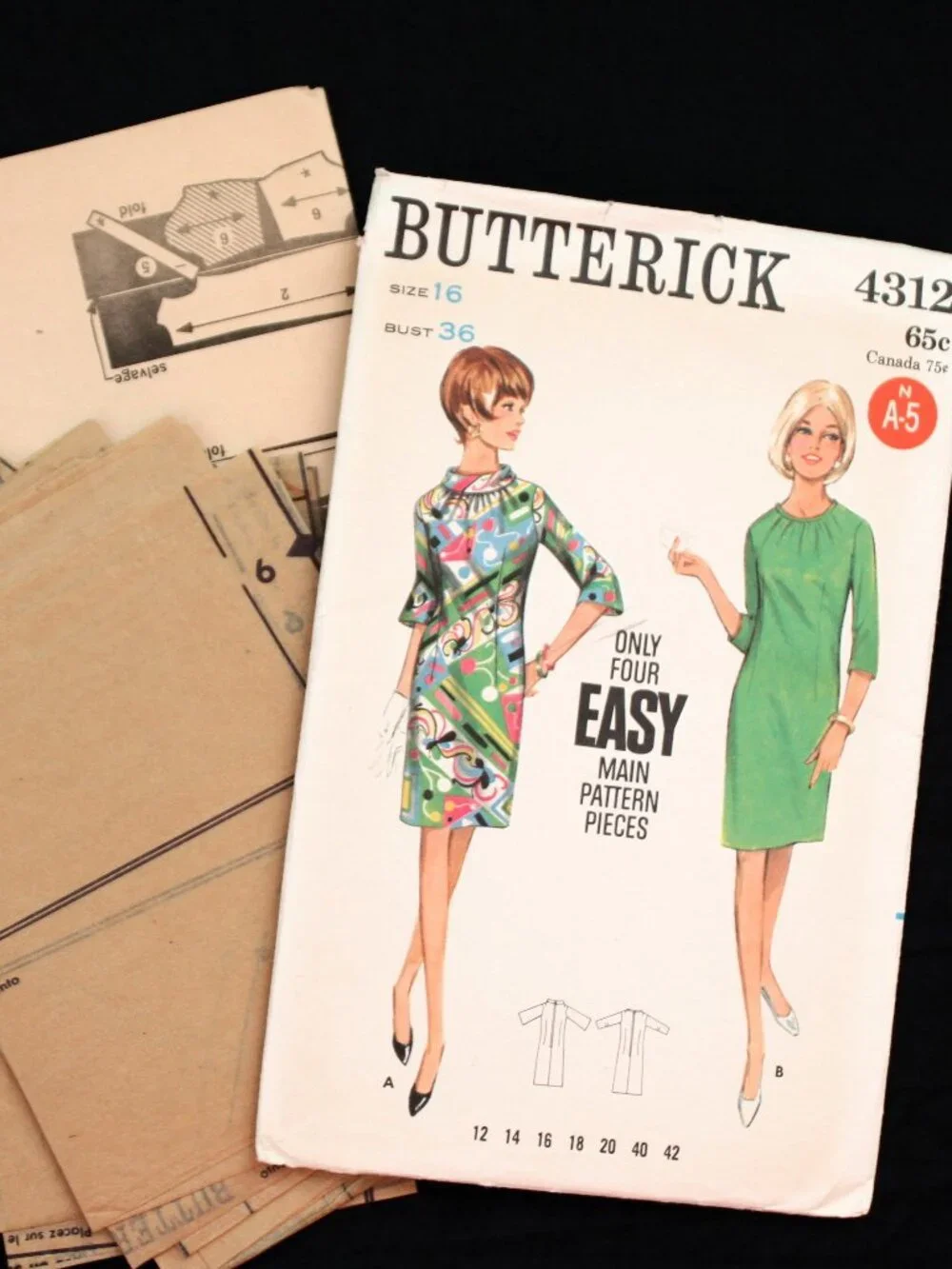 VTG 60s Butterick Sewing Dress Pattern 36B Sz 16 Semi-Fitted Bell Sleeve #4312